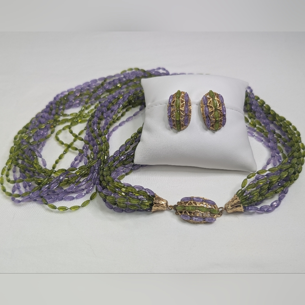 Vintage Purple And Green Statement Necklace & Earrings Set - Estate Jewelry - Picture 6 of 10